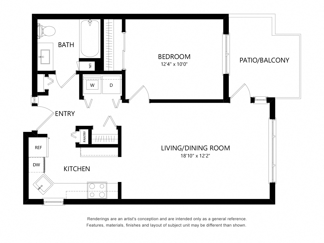 Floor plan for 1 bed, 1 bath, 650 sqft